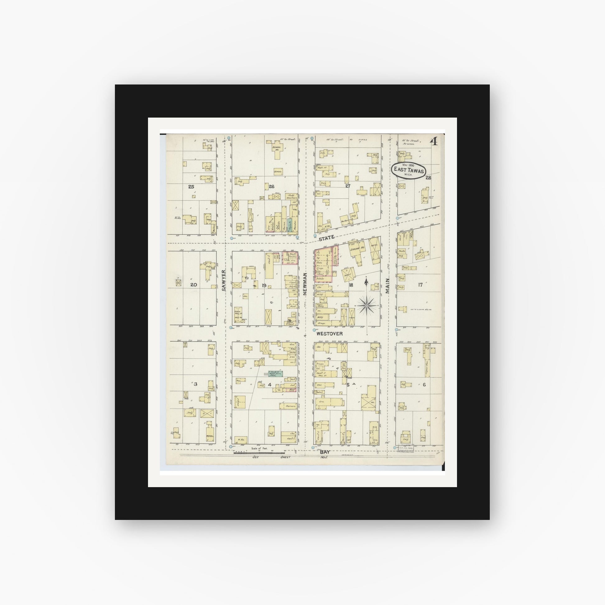 Old map wall art mockup — black gallery frame with white mat — Sanborn Fire Insurance Map from East Tawas, Iosco County, Michigan (1890), Sheet #0004