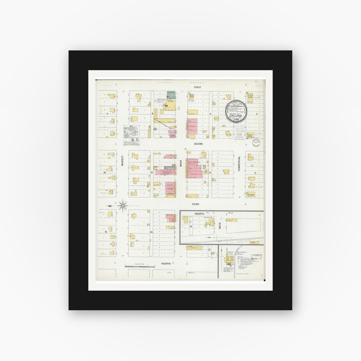 Old map wall art mockup — black gallery frame with white mat — Sanborn Fire Insurance Map from Sheldon, Vernon County, Missouri (1900), Sheet #0001