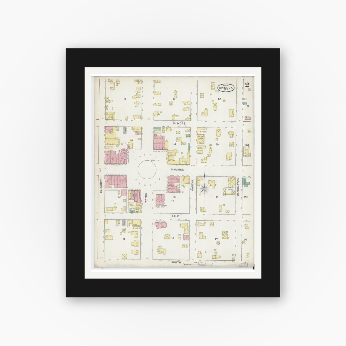 Old map wall art mockup — black gallery frame with white mat — Sanborn Fire Insurance Map from Angola, Steuben County, Indiana (1892), Sheet #0002