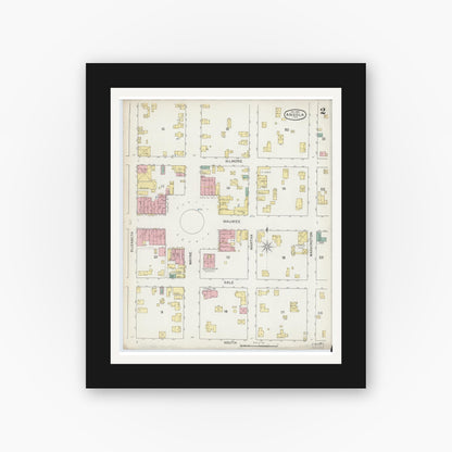 Old map wall art mockup — black gallery frame with white mat — Sanborn Fire Insurance Map from Angola, Steuben County, Indiana (1892), Sheet #0002