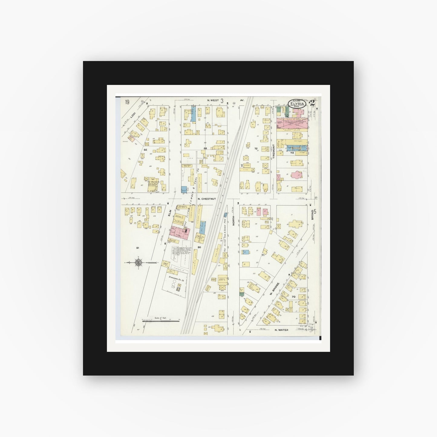 Old map wall art mockup — black gallery frame with white mat — Sanborn Fire Insurance Map from Elyria, Lorain County, Ohio (1910), Sheet #0002