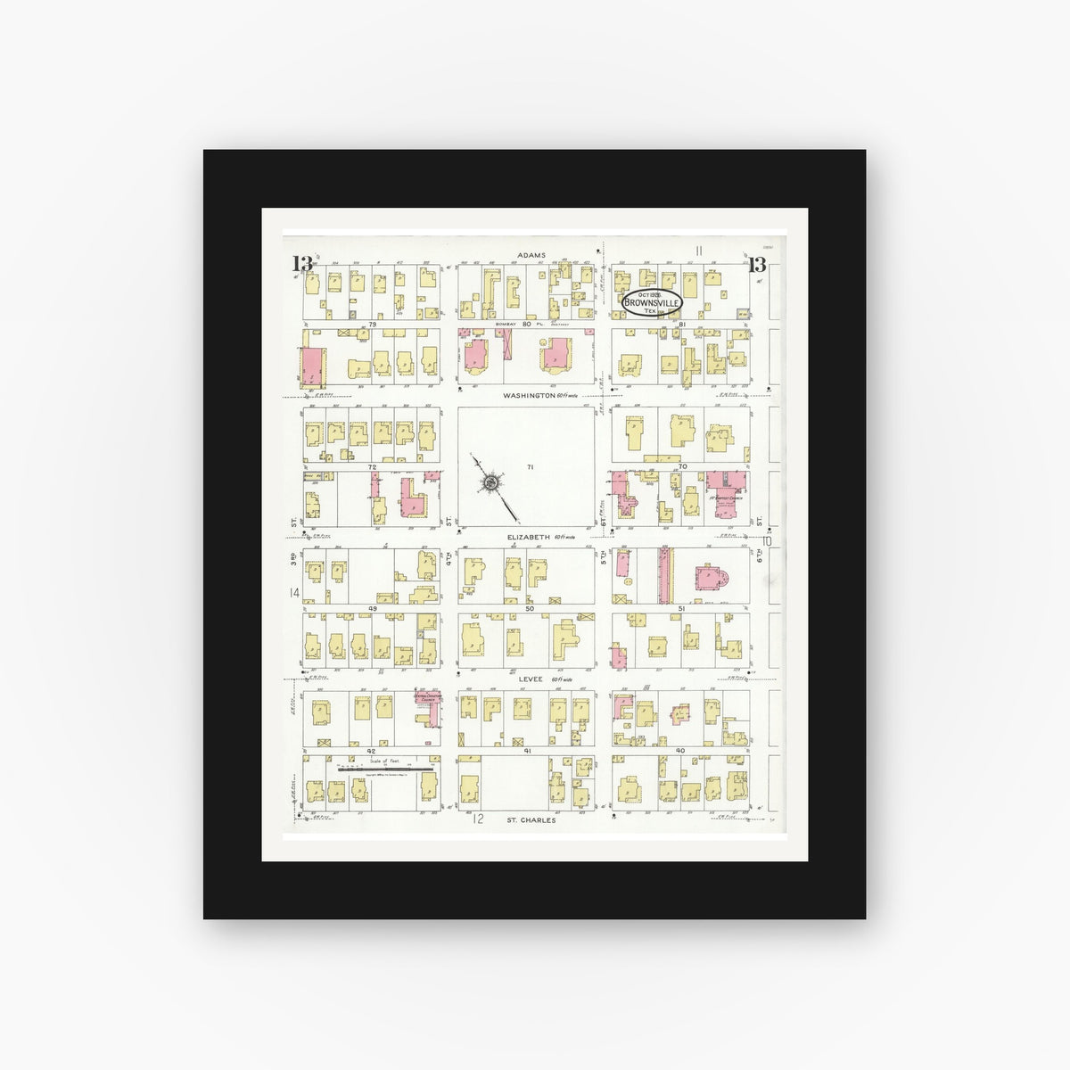 Old map wall art mockup — black gallery frame with white mat — Sanborn Fire Insurance Map from Brownsville, Cameron County, Texas (1926), Sheet #0013