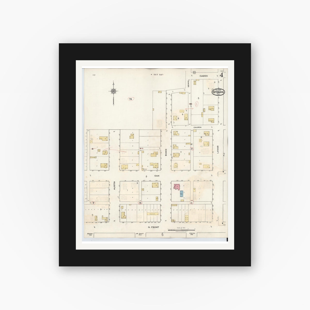 Old map wall art mockup — black gallery frame with white mat — Sanborn Fire Insurance Map from Strawn, Palo Pinto County, Texas (1944), Sheet #0004