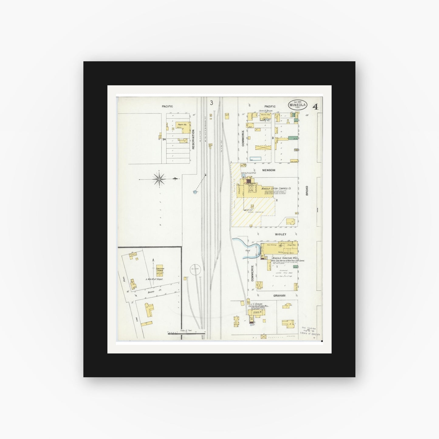 Old map wall art mockup — black gallery frame with white mat — Sanborn Fire Insurance Map from Mineola, Wood County, Texas (1901), Sheet #0004