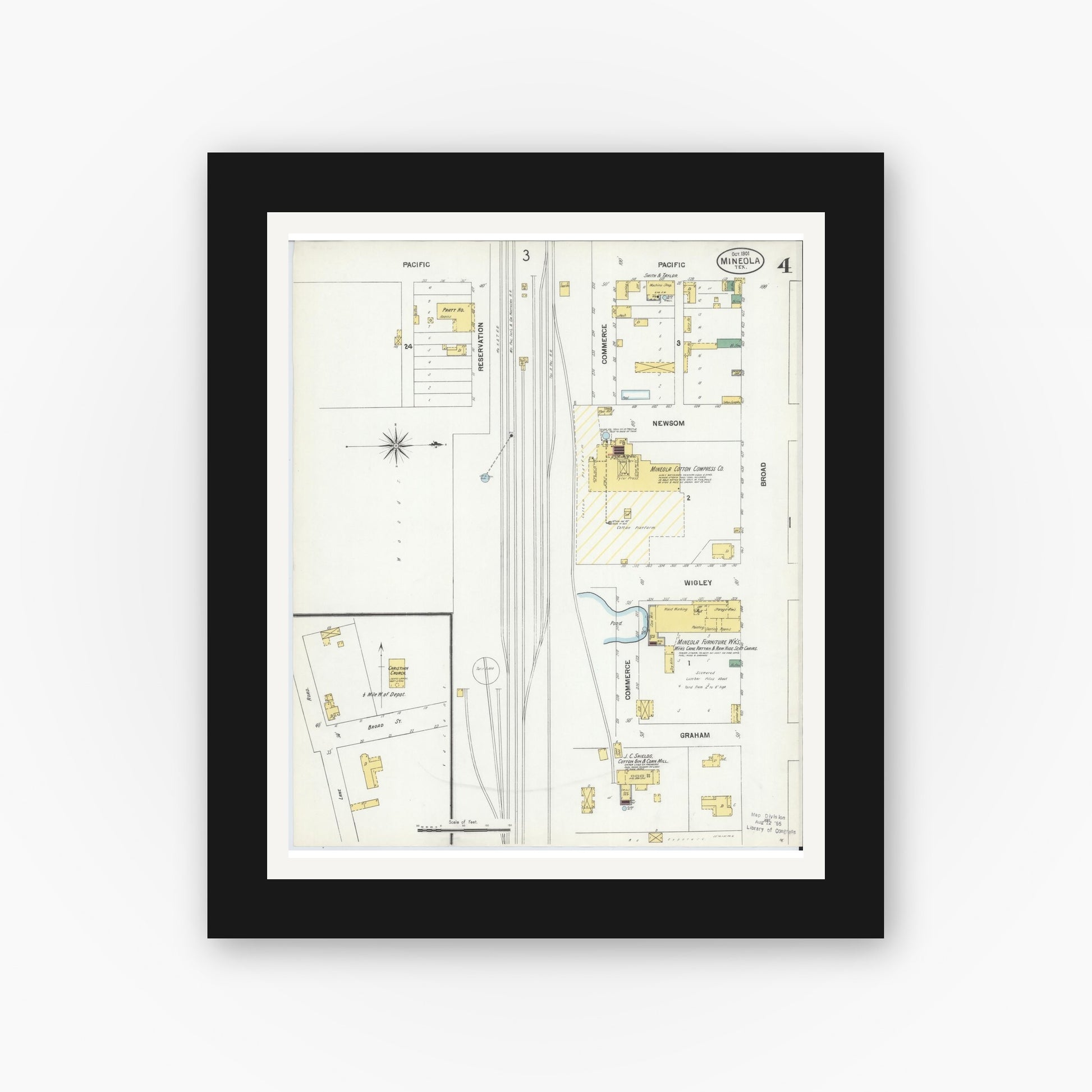 Old map wall art mockup — black gallery frame with white mat — Sanborn Fire Insurance Map from Mineola, Wood County, Texas (1901), Sheet #0004