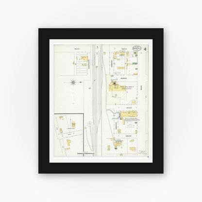 Old map wall art mockup — black gallery frame with white mat — Sanborn Fire Insurance Map from Mineola, Wood County, Texas (1901), Sheet #0004
