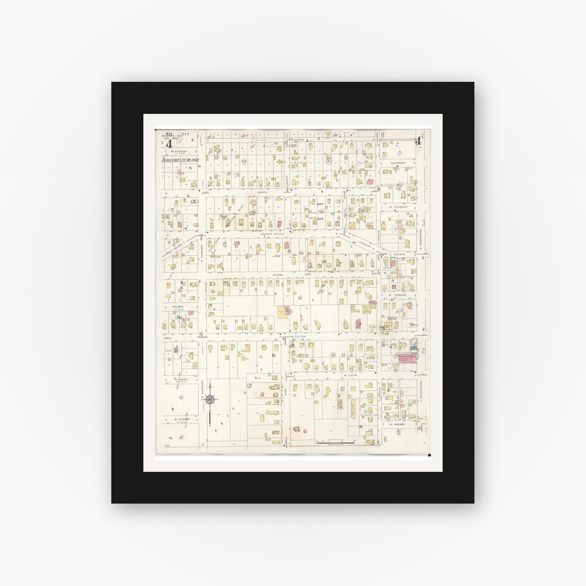 Old map wall art mockup — black gallery frame with white mat — Sanborn Fire Insurance Map from Waupaca, Waupaca County, Wisconsin (1941), Sheet #0004