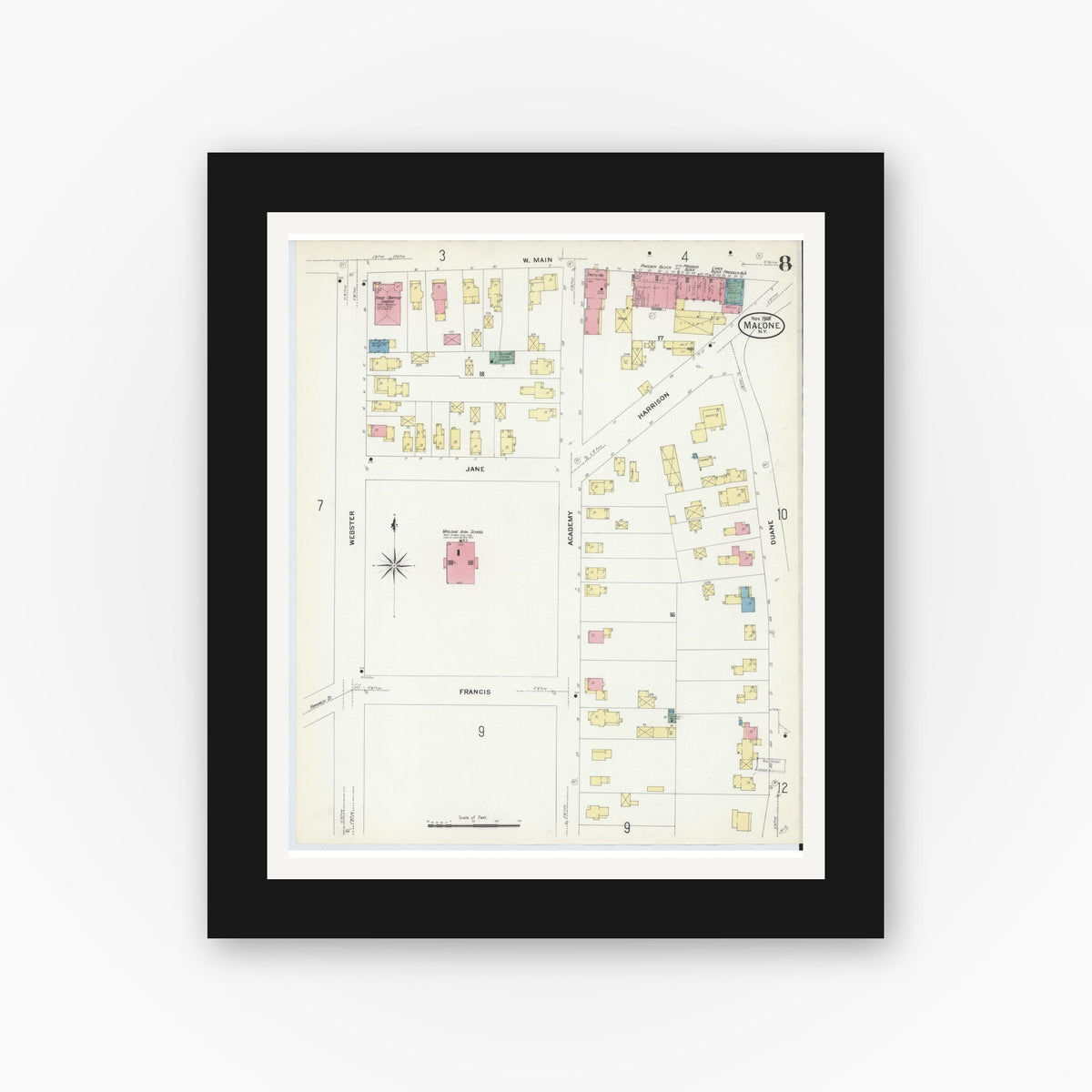 Old map wall art mockup — black gallery frame with white mat — Sanborn Fire Insurance Map from Malone, Franklin County, New York (1908), Sheet #0008