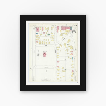 Old map wall art mockup — black gallery frame with white mat — Sanborn Fire Insurance Map from Malone, Franklin County, New York (1908), Sheet #0008