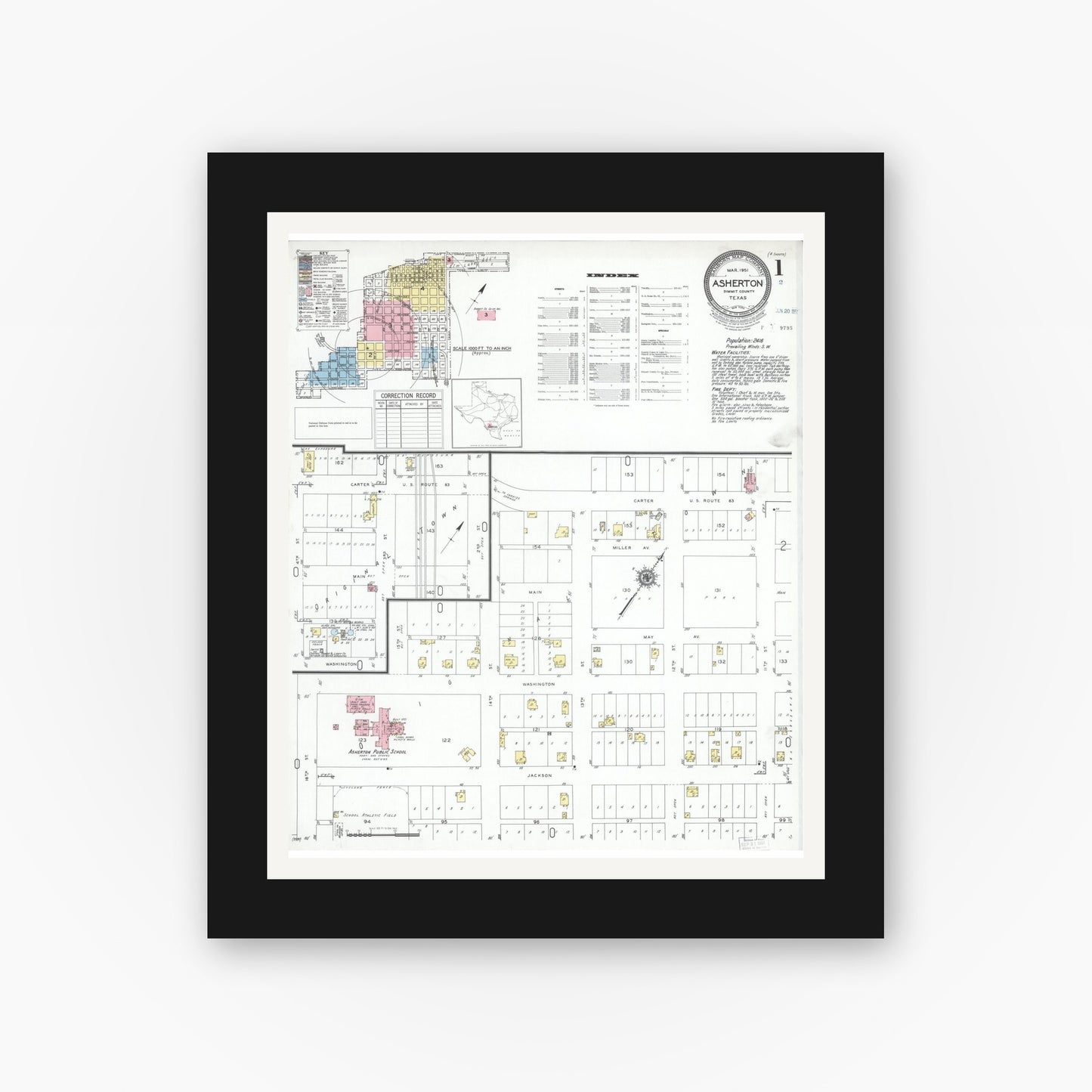 Old map wall art mockup — black gallery frame with white mat — Sanborn Fire Insurance Map from Asherton, Dimmit County, Texas (1951), Sheet #0001