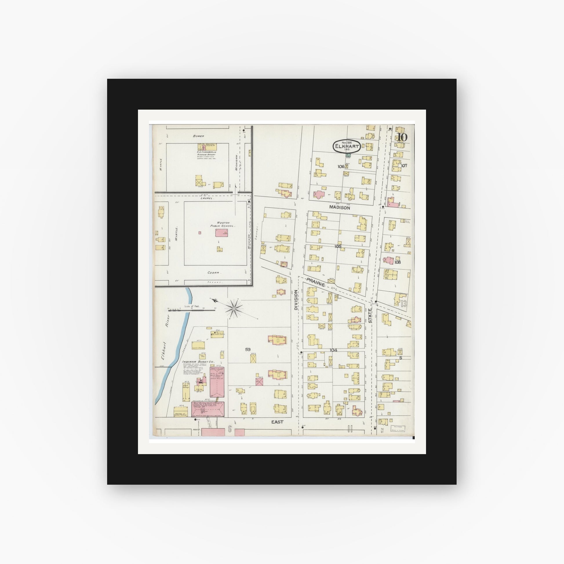 Old map wall art mockup — black gallery frame with white mat — Sanborn Fire Insurance Map from Elkhart, Elkhart County, Indiana (1892), Sheet #0010