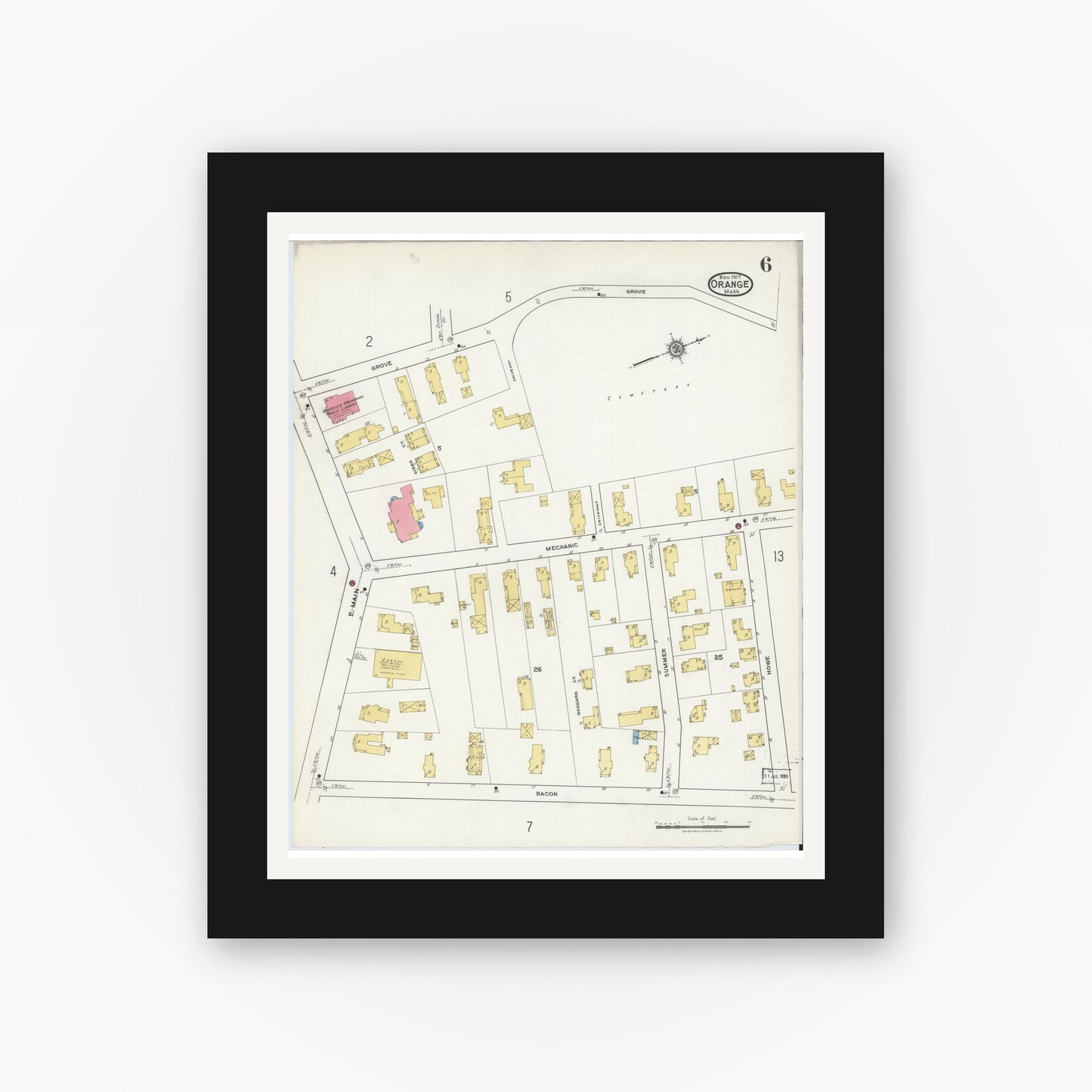 Old map wall art mockup — black gallery frame with white mat — Sanborn Fire Insurance Map from Orange, Franklin County, Massachusetts (1917), Sheet #0006