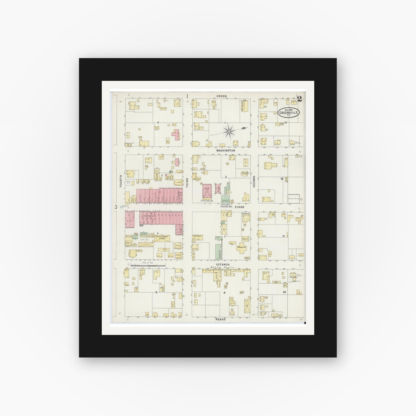 Old map wall art mockup — black gallery frame with white mat — Sanborn Fire Insurance Map from Greenville, Pitt County, North Carolina (1898), Sheet #0002