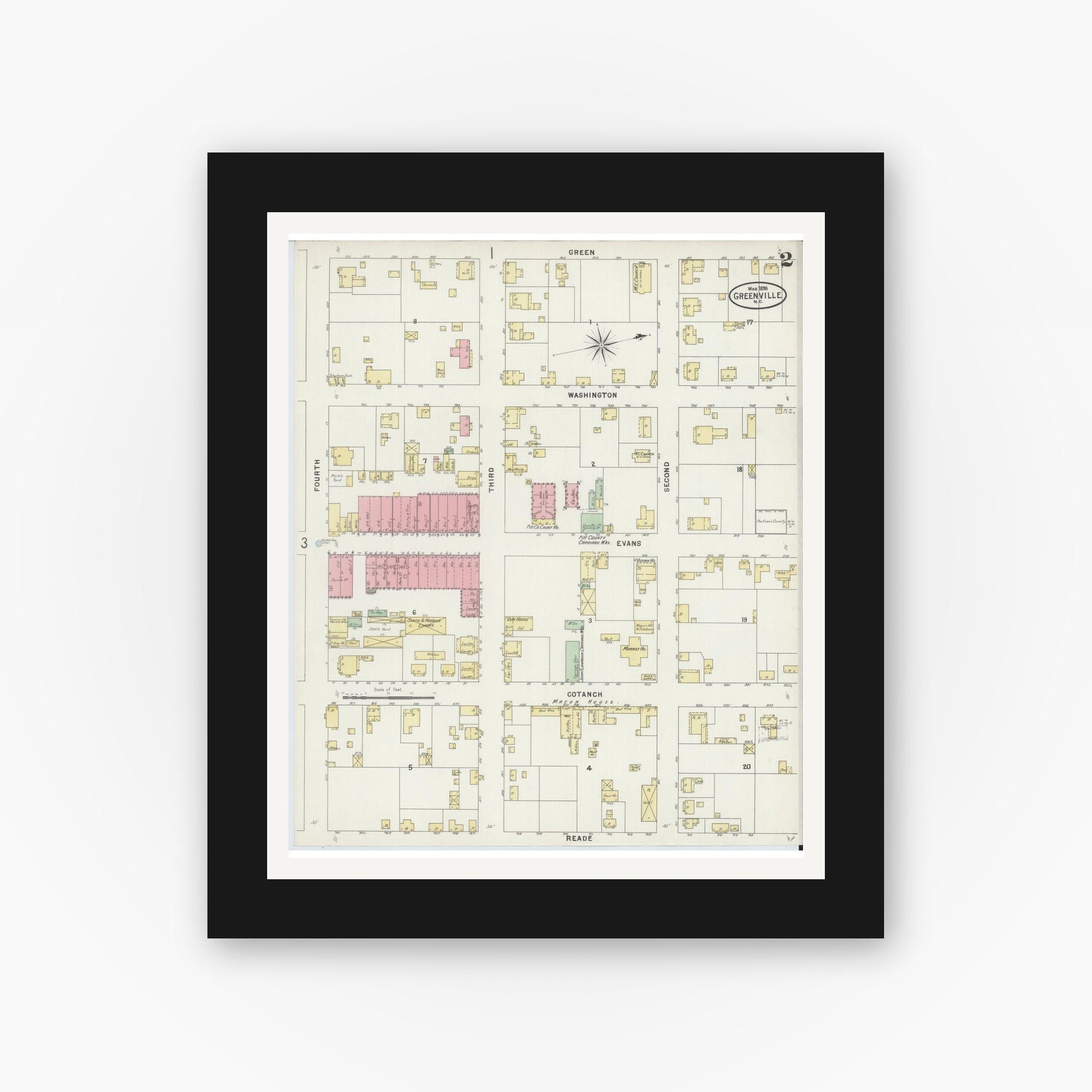 Old map wall art mockup — black gallery frame with white mat — Sanborn Fire Insurance Map from Greenville, Pitt County, North Carolina (1898), Sheet #0002
