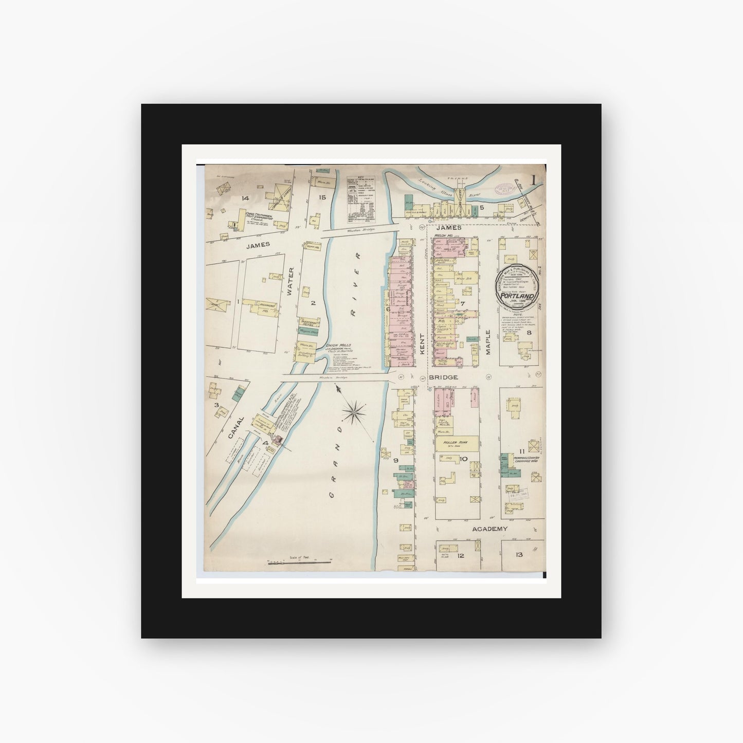 Old map wall art mockup — black gallery frame with white mat — Sanborn Fire Insurance Map from Portland, Ionia County, Michigan (1886) - Complete Map Set