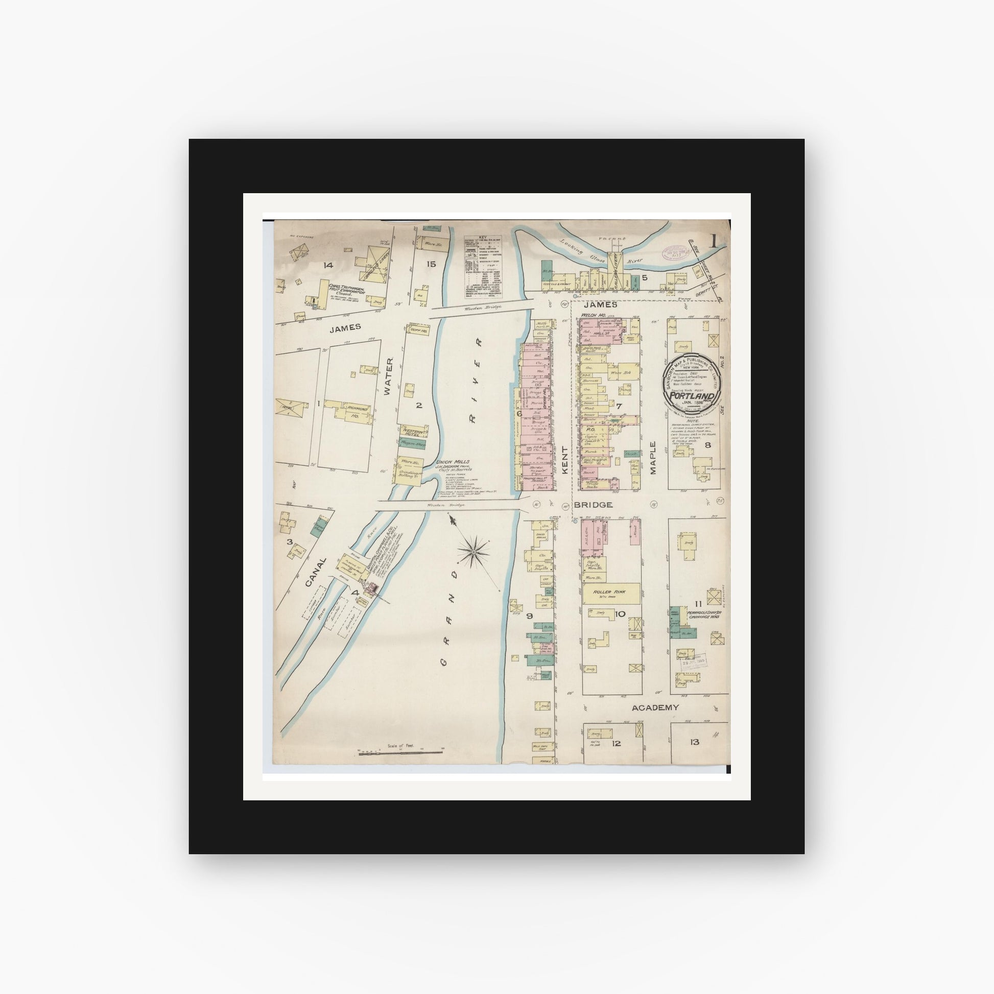 Old map wall art mockup — black gallery frame with white mat — Sanborn Fire Insurance Map from Portland, Ionia County, Michigan (1886) - Complete Map Set