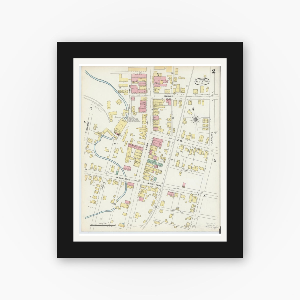 Old map wall art mockup — black gallery frame with white mat — Sanborn Fire Insurance Map from Pittston, Luzerne County, Pennsylvania (1896), Sheet #0002