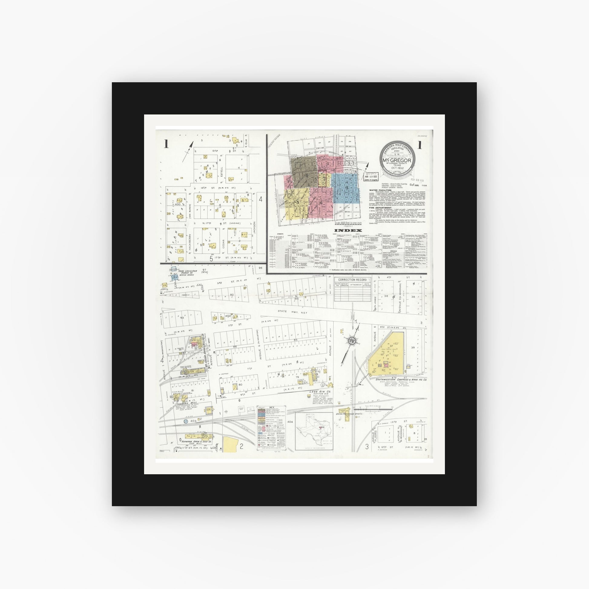 Old map wall art mockup — black gallery frame with white mat — Sanborn Fire Insurance Map from McGregor, McLennan County, Texas (1932), Sheet #0001