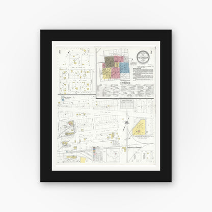 Old map wall art mockup — black gallery frame with white mat — Sanborn Fire Insurance Map from McGregor, McLennan County, Texas (1932), Sheet #0001