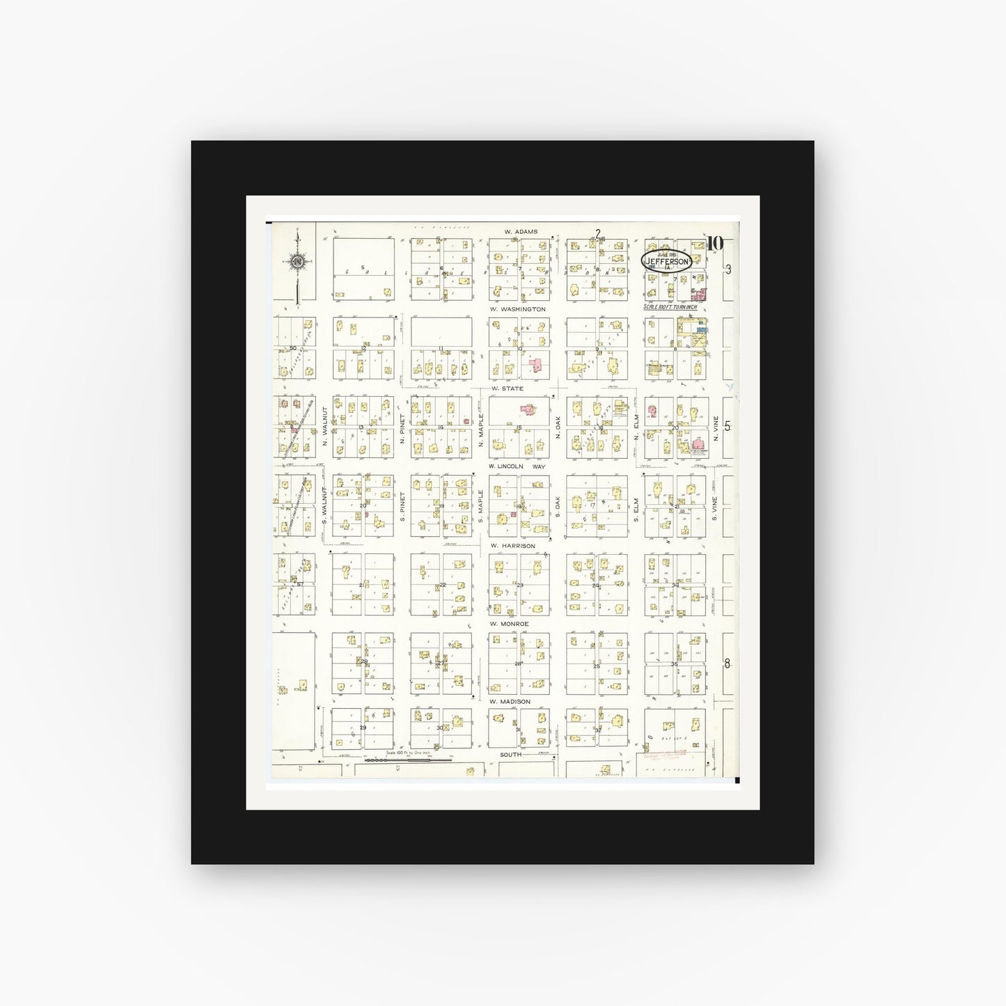 Old map wall art mockup — black gallery frame with white mat — Sanborn Fire Insurance Map from Jefferson, Greene County, Iowa (1915), Sheet #0010