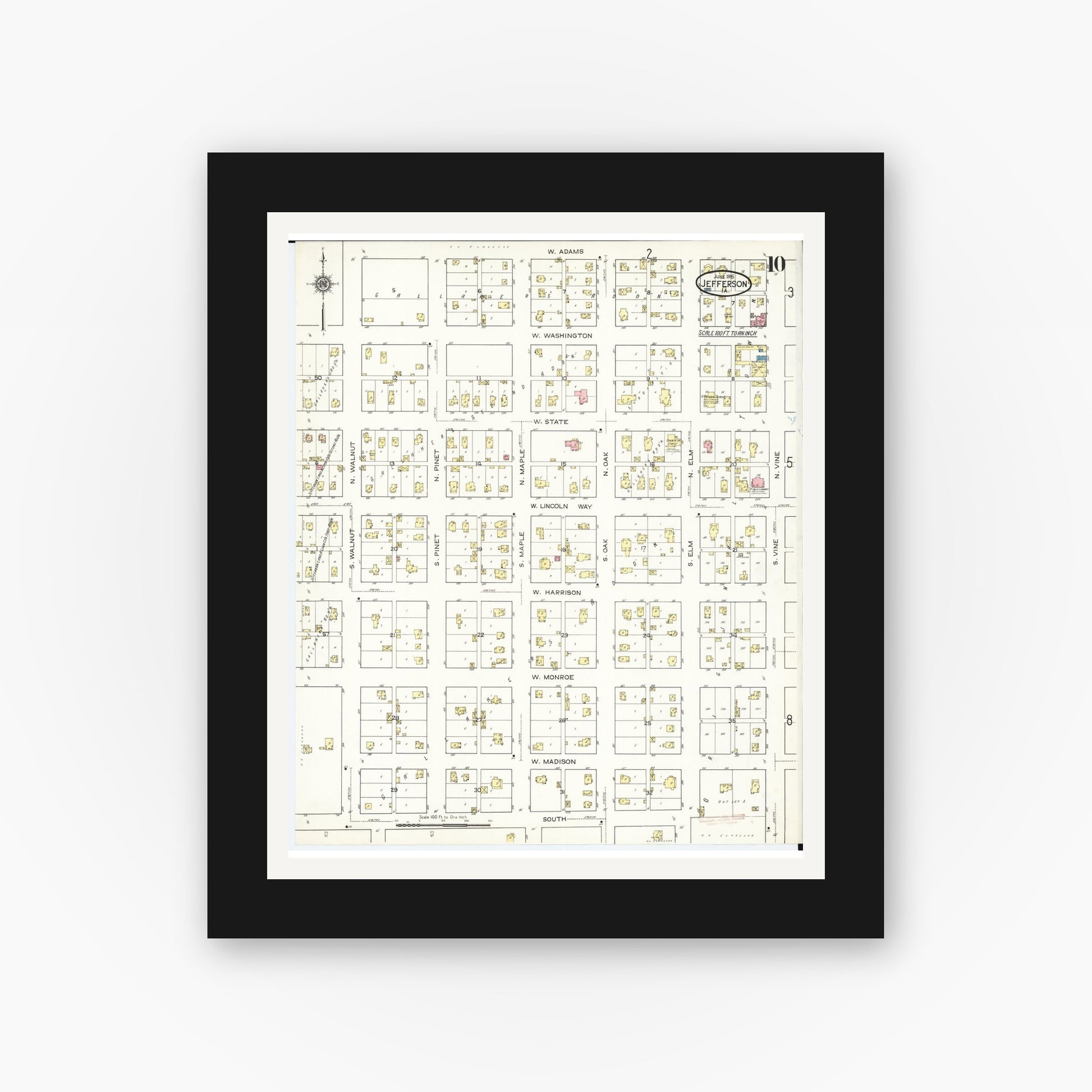 Old map wall art mockup — black gallery frame with white mat — Sanborn Fire Insurance Map from Jefferson, Greene County, Iowa (1915), Sheet #0010