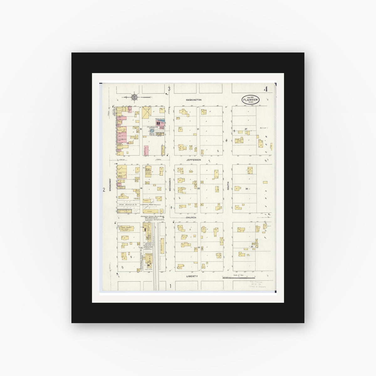 Old map wall art mockup — black gallery frame with white mat — Sanborn Fire Insurance Map from Plainview, Wabasha County, Minnesota (1910), Sheet #0004