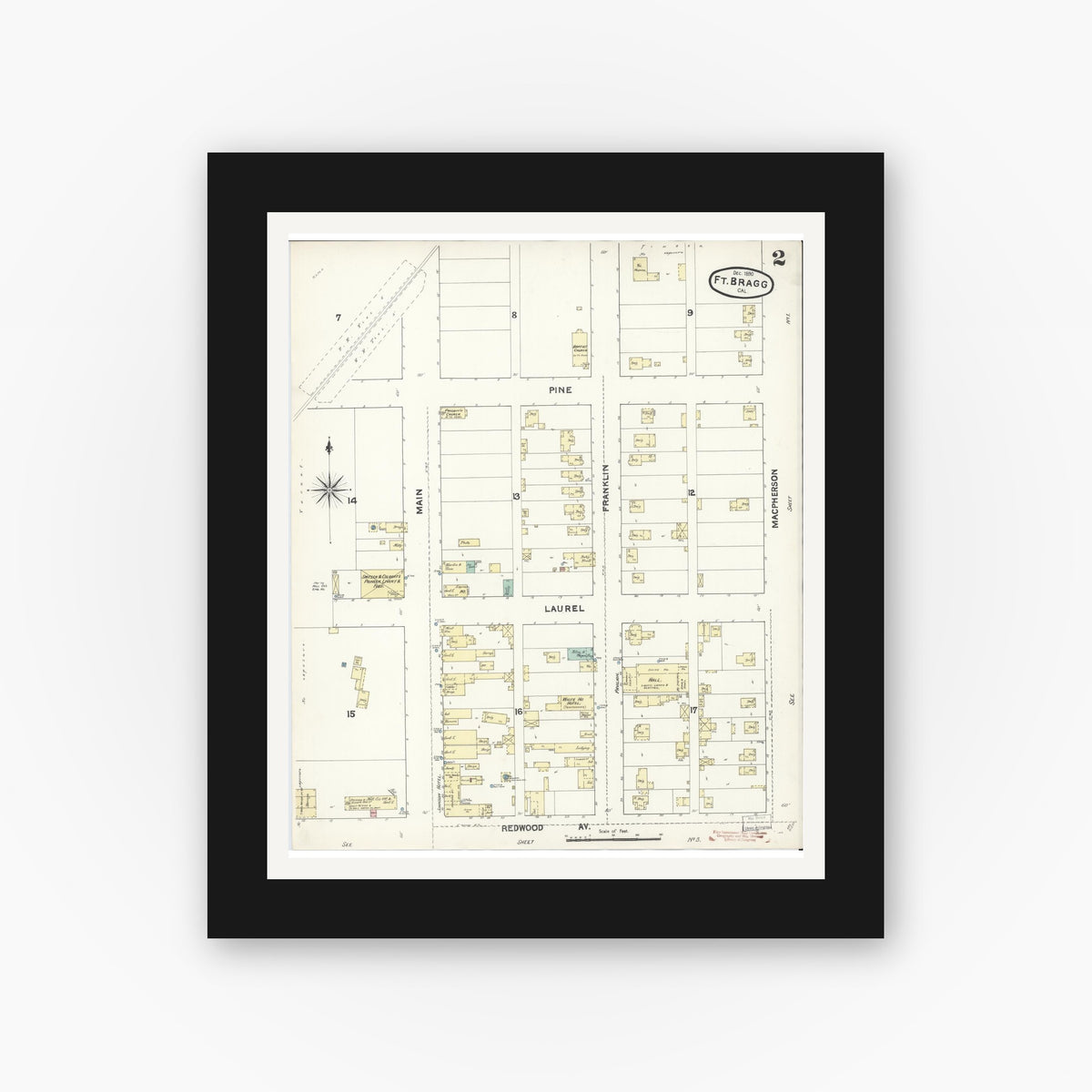 Old map wall art mockup — black gallery frame with white mat — Sanborn Fire Insurance Map from Fort Bragg, Mendocino County, California (1890), Sheet #0002