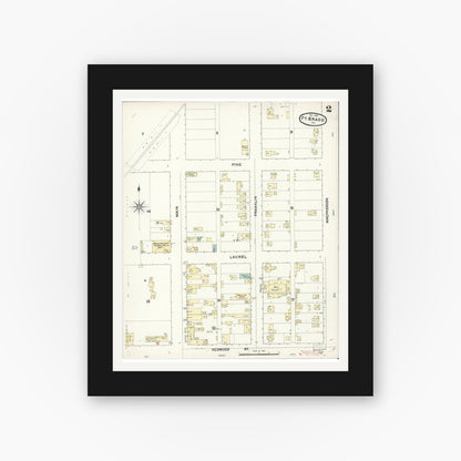 Old map wall art mockup — black gallery frame with white mat — Sanborn Fire Insurance Map from Fort Bragg, Mendocino County, California (1890), Sheet #0002