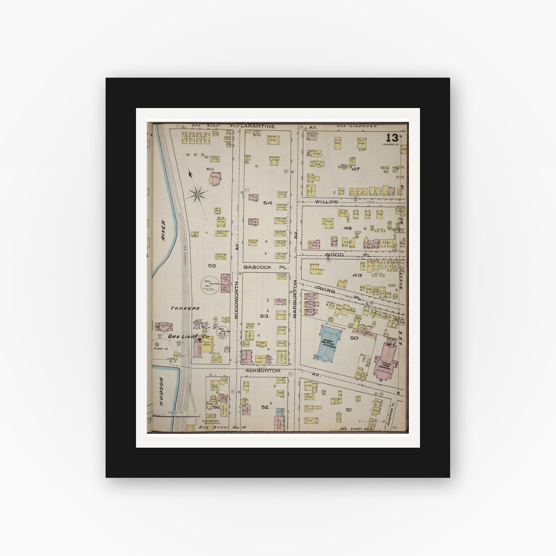 Old map wall art mockup — black gallery frame with white mat — Sanborn Fire Insurance Map from Yonkers, Westchester County, New York (1886), Sheet #0013
