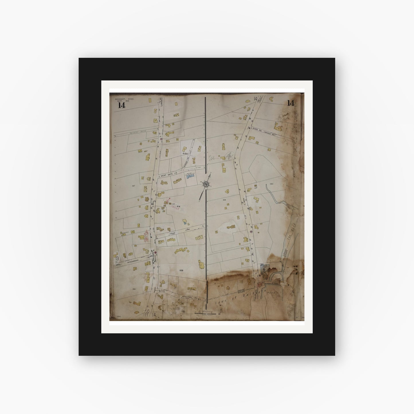 Old map wall art mockup — black gallery frame with white mat — Sanborn Fire Insurance Map from Cohasset, Norfolk County, Massachusetts (1963), Sheet #0014