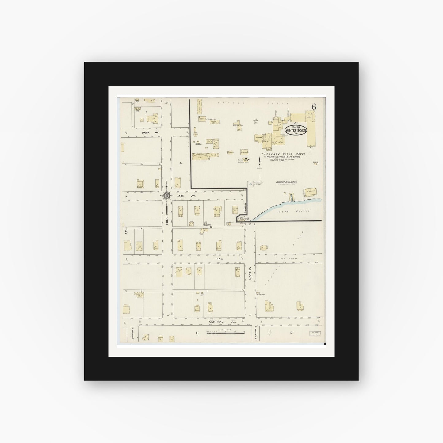 Old map wall art mockup — black gallery frame with white mat — Sanborn Fire Insurance Map from Winter Haven, Polk County, Florida (1914), Sheet #0006