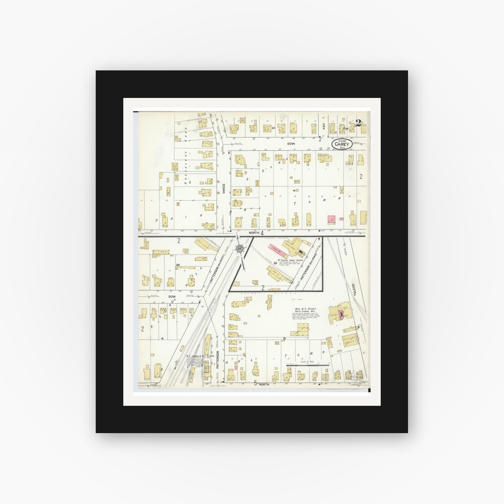 Old map wall art mockup — black gallery frame with white mat — Sanborn Fire Insurance Map from Carey, Wyandot County, Ohio (1916), Sheet #0002