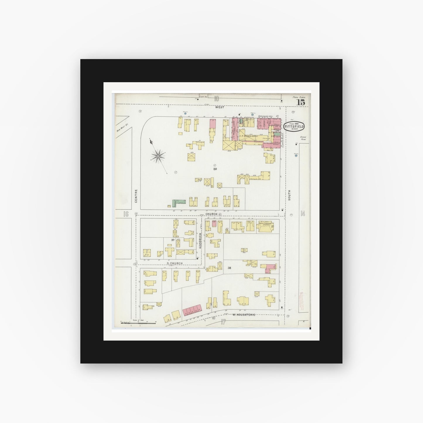 Old map wall art mockup — black gallery frame with white mat — Sanborn Fire Insurance Map from Pittsfield, Berkshire County, Massachusetts (1895), Sheet #0015
