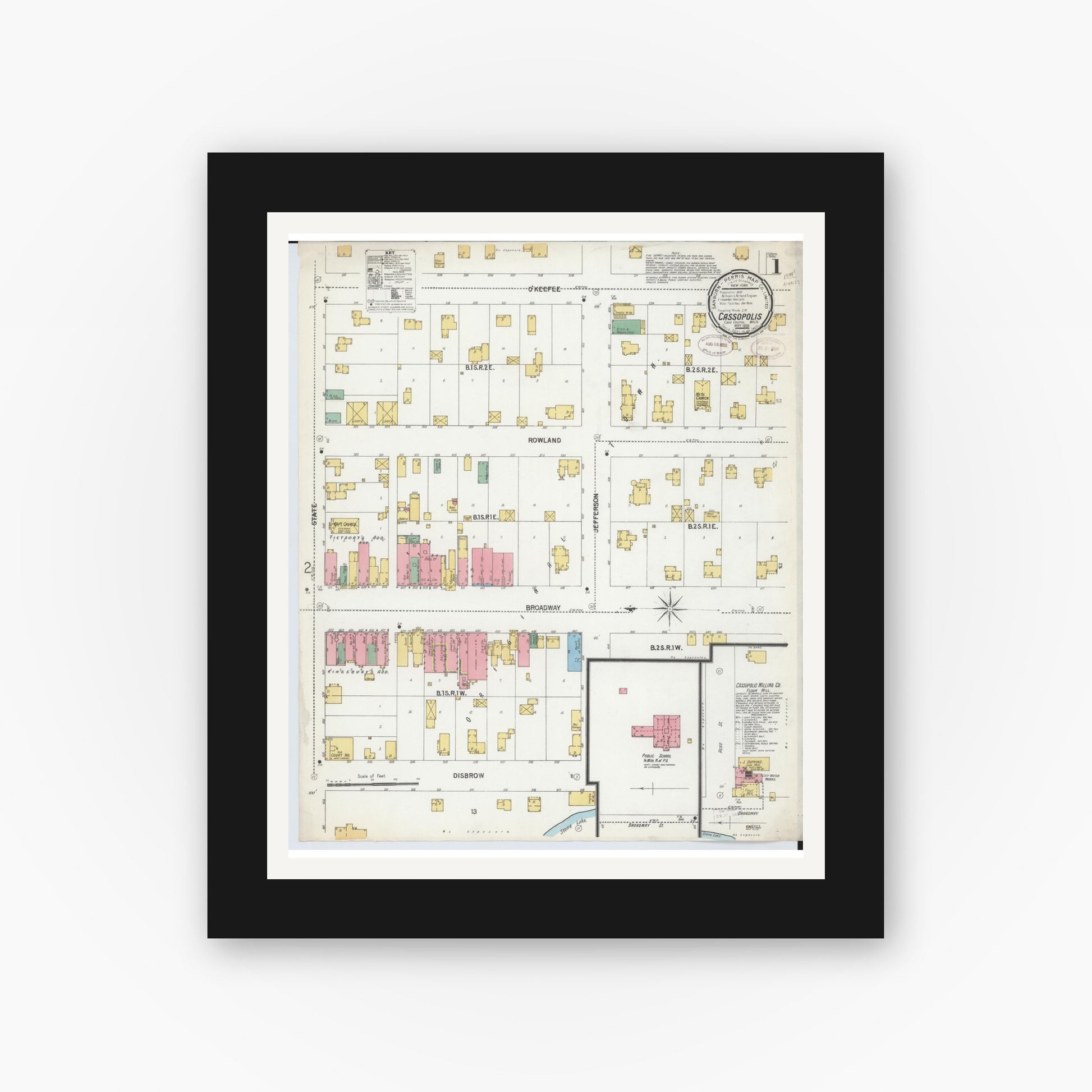Old map wall art mockup — black gallery frame with white mat — Sanborn Fire Insurance Map from Cassopolis, Cass County, Michigan (1899) - Complete Map Set
