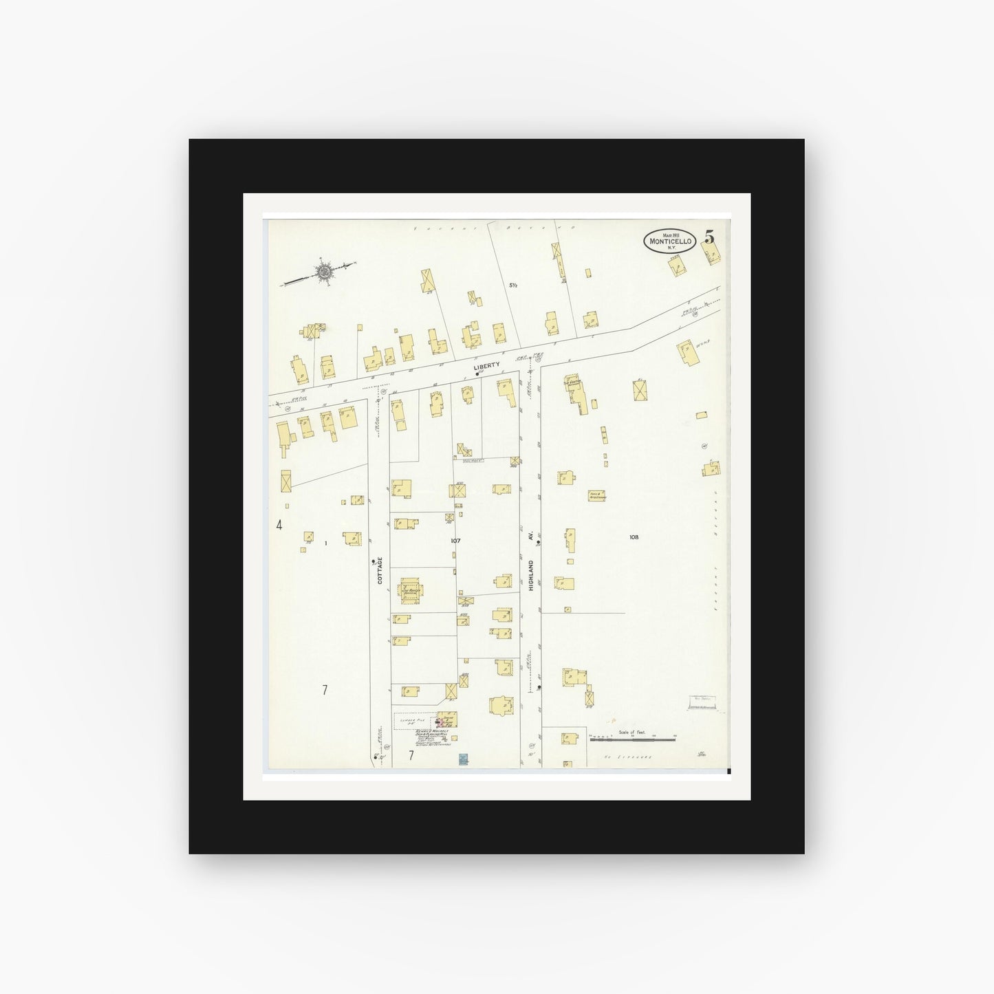 Old map wall art mockup — black gallery frame with white mat — Sanborn Fire Insurance Map from Monticello, Sullivan County, New York (1911), Sheet #0005