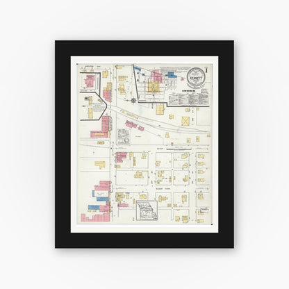 Old map wall art mockup — black gallery frame with white mat — Sanborn Fire Insurance Map from Kennett, Dunklin County, Missouri (1919), Sheet #0001