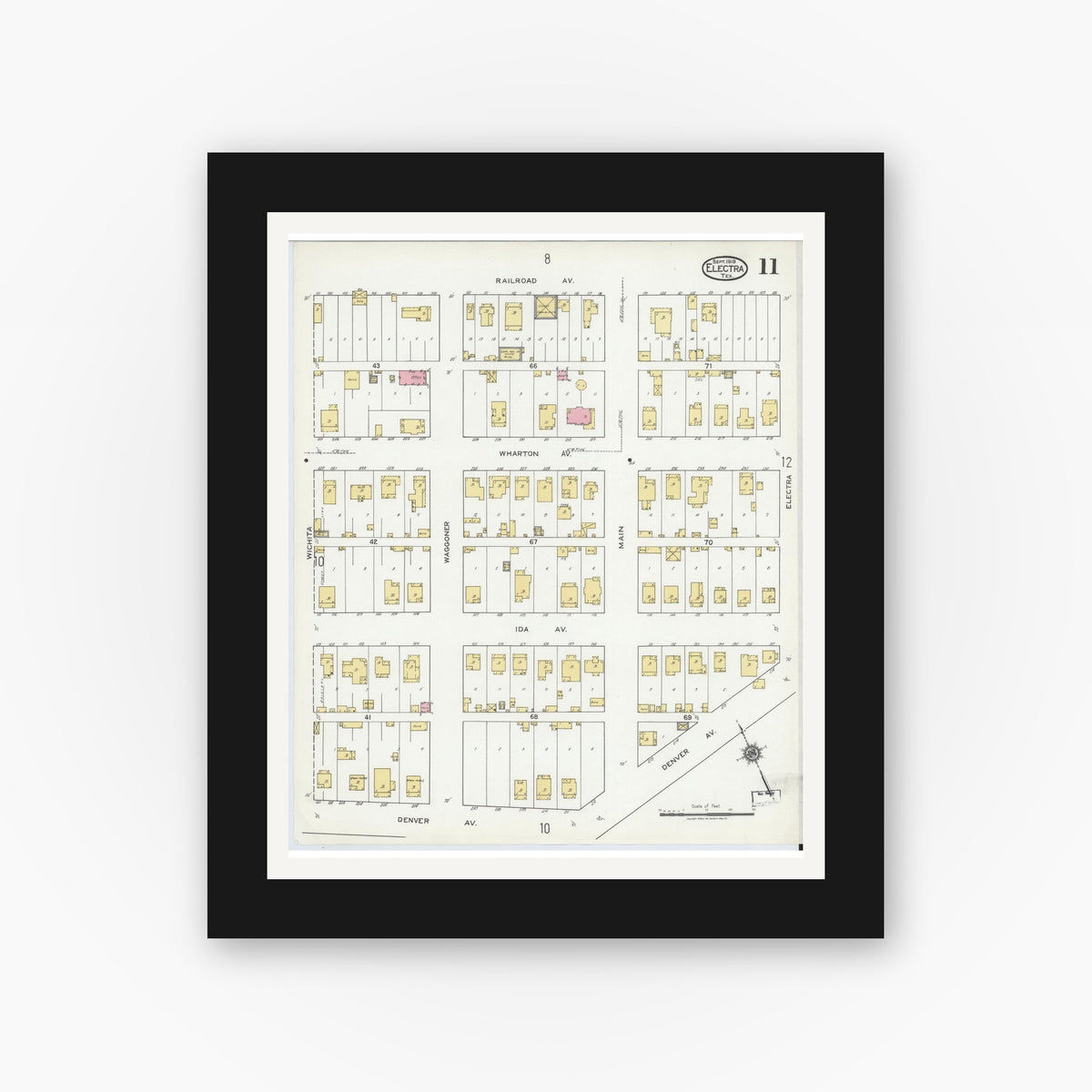 Old map wall art mockup — black gallery frame with white mat — Sanborn Fire Insurance Map from Electra, Wichita County, Texas (1919), Sheet #0011