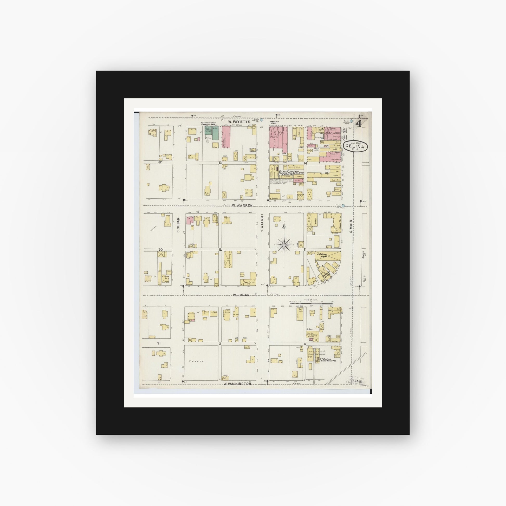 Old map wall art mockup — black gallery frame with white mat — Sanborn Fire Insurance Map from Celina, Mercer County, Ohio (1895), Sheet #0004