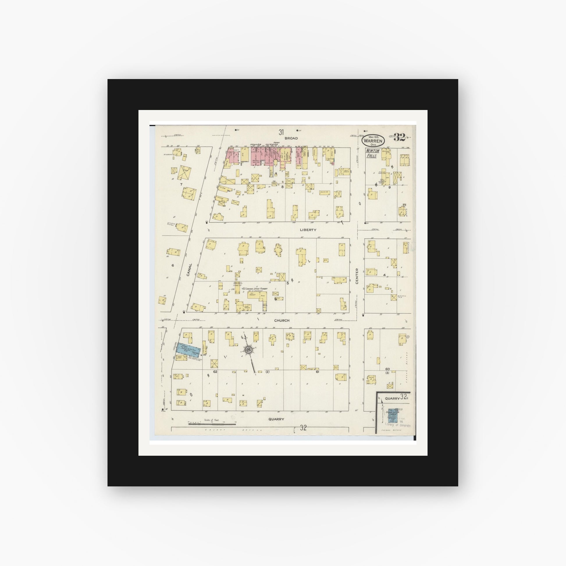 Old map wall art mockup — black gallery frame with white mat — Sanborn Fire Insurance Map from Warren, Trumbull County, Ohio (1915), Sheet #0032