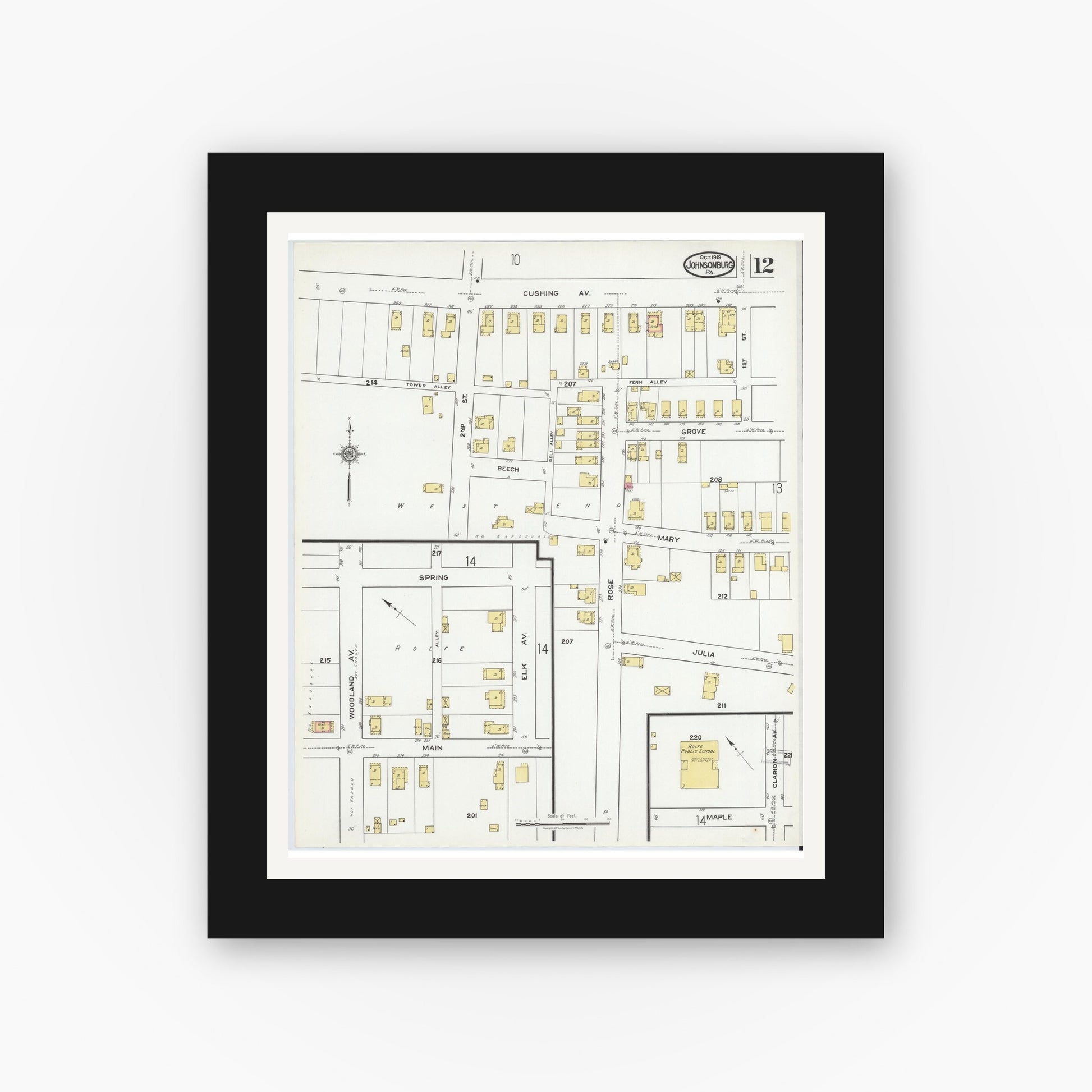 Old map wall art mockup — black gallery frame with white mat — Sanborn Fire Insurance Map from Johnsonburg, Elk County, Pennsylvania (1919), Sheet #0012
