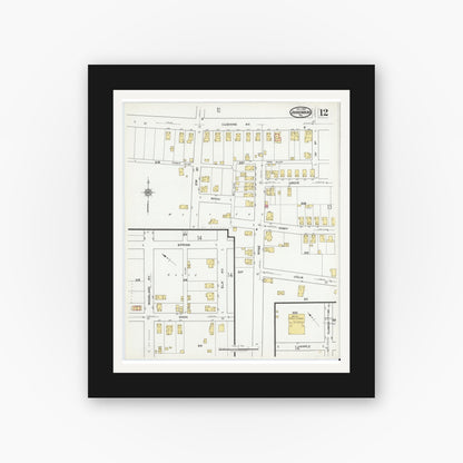 Old map wall art mockup — black gallery frame with white mat — Sanborn Fire Insurance Map from Johnsonburg, Elk County, Pennsylvania (1919), Sheet #0012