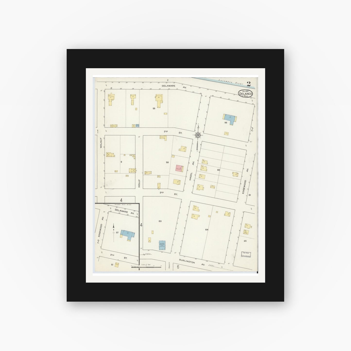 Old map wall art mockup — black gallery frame with white mat — Sanborn Fire Insurance Map from Delanco, Burlington County, New Jersey (1915), Sheet #0002