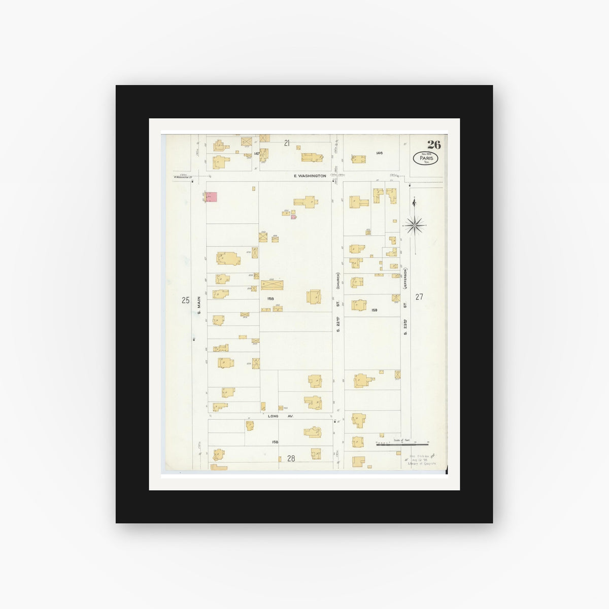 Old map wall art mockup — black gallery frame with white mat — Sanborn Fire Insurance Map from Paris, Lamar County, Texas (1908), Sheet #0026