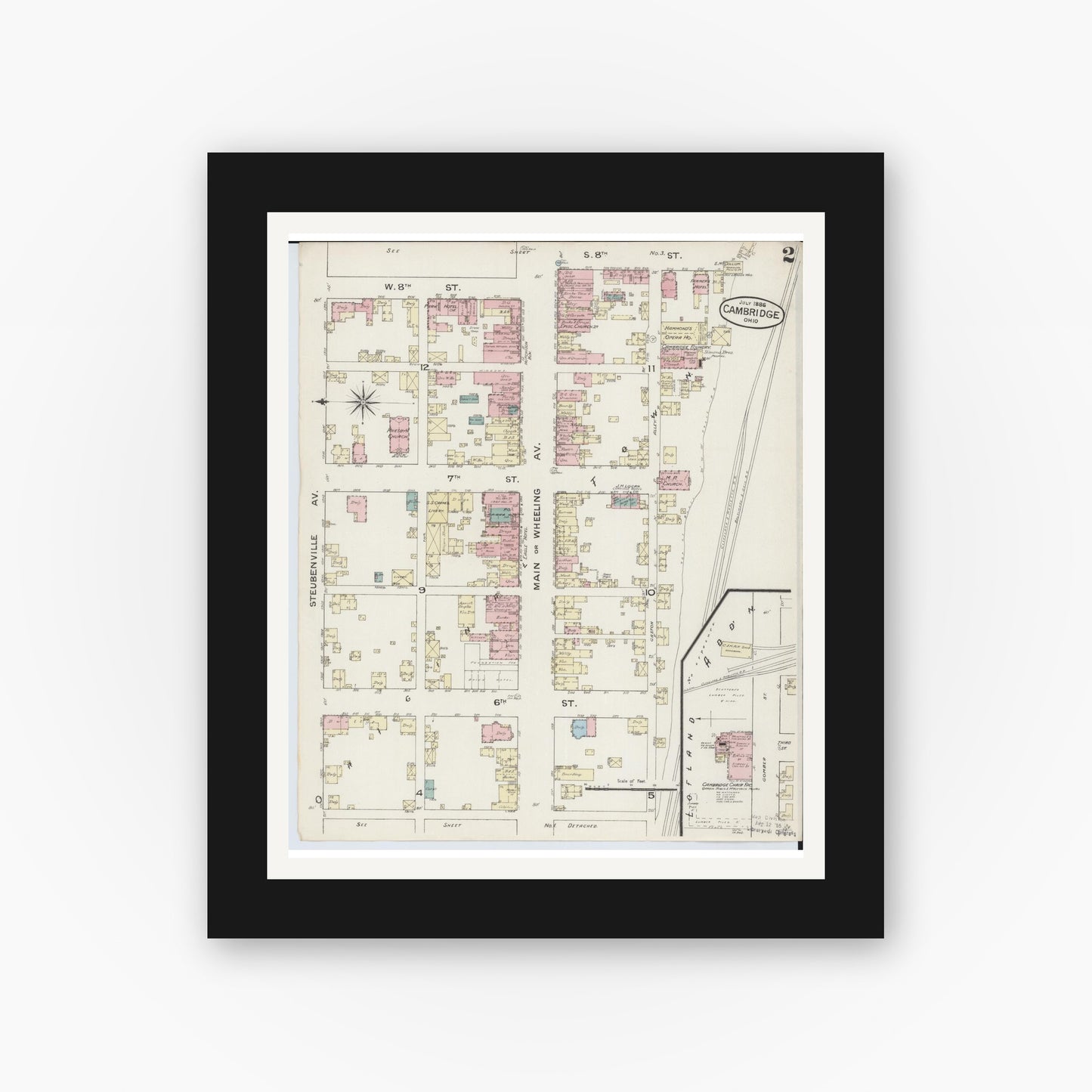 Old map wall art mockup — black gallery frame with white mat — Sanborn Fire Insurance Map from Cambridge, Guernsey County, Ohio (1886), Sheet #0002