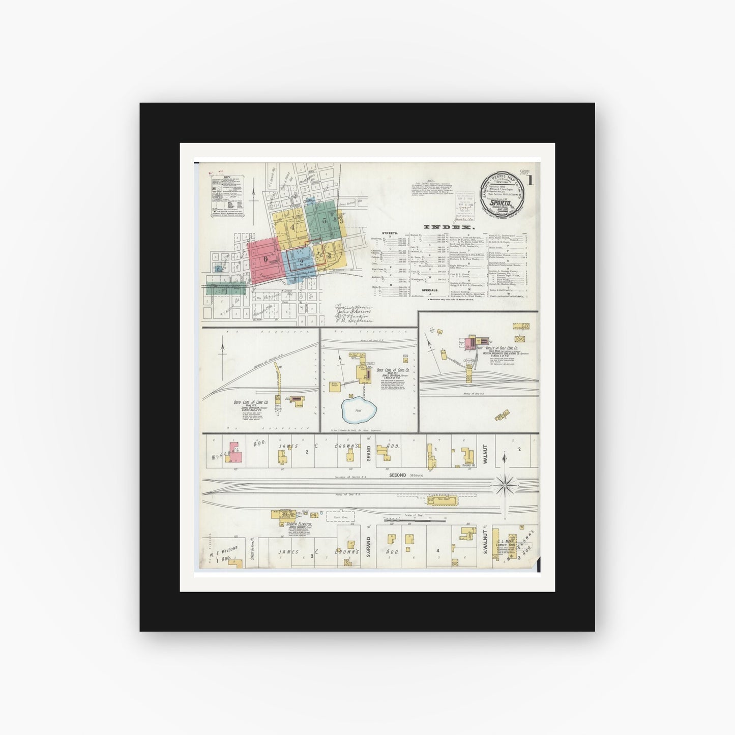 Old map wall art mockup — black gallery frame with white mat — Sanborn Fire Insurance Map from Sparta, Randolph County, Illinois (1900) - Complete Map Set