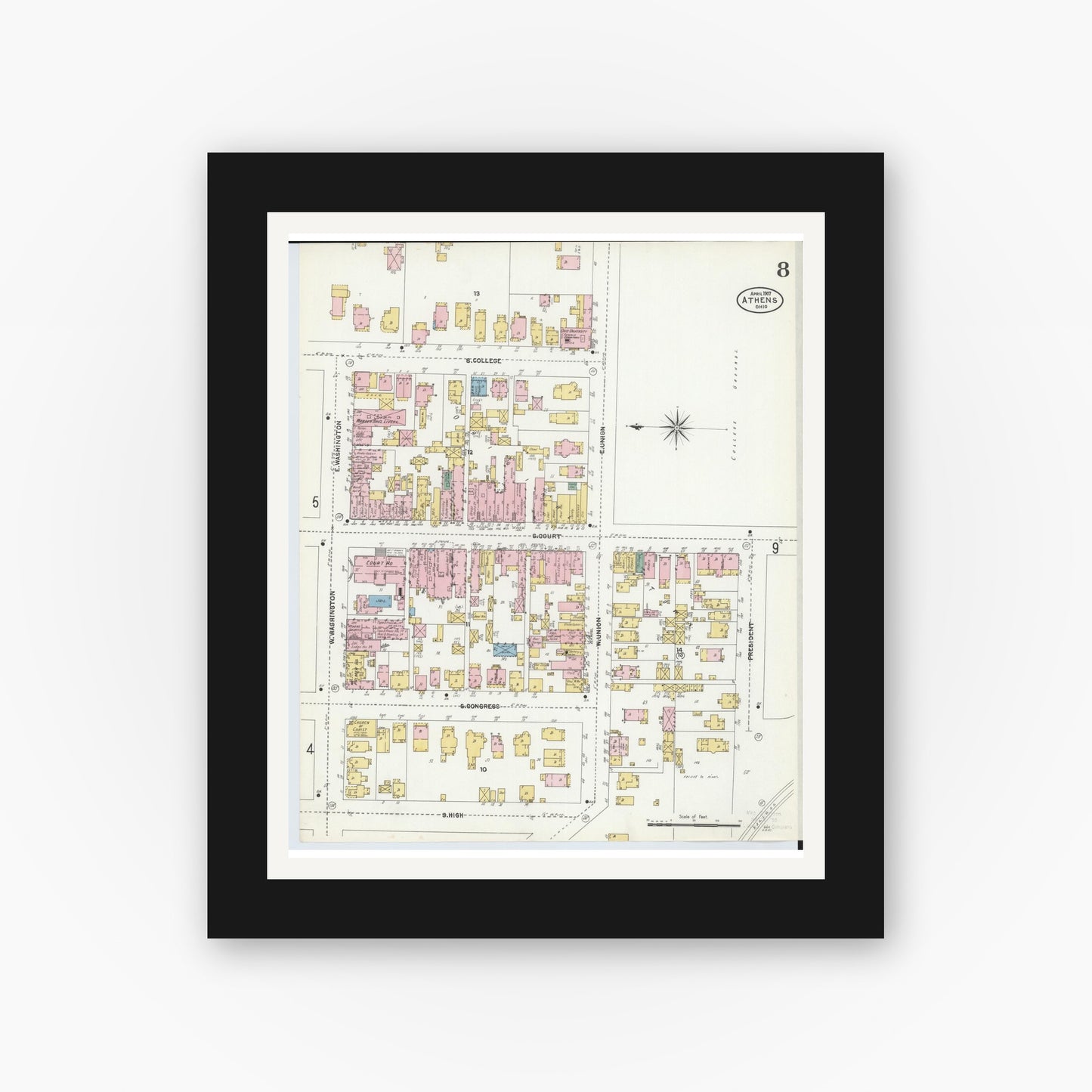Old map wall art mockup — black gallery frame with white mat — Sanborn Fire Insurance Map from Athens, Athens County, Ohio (1907), Sheet #0008