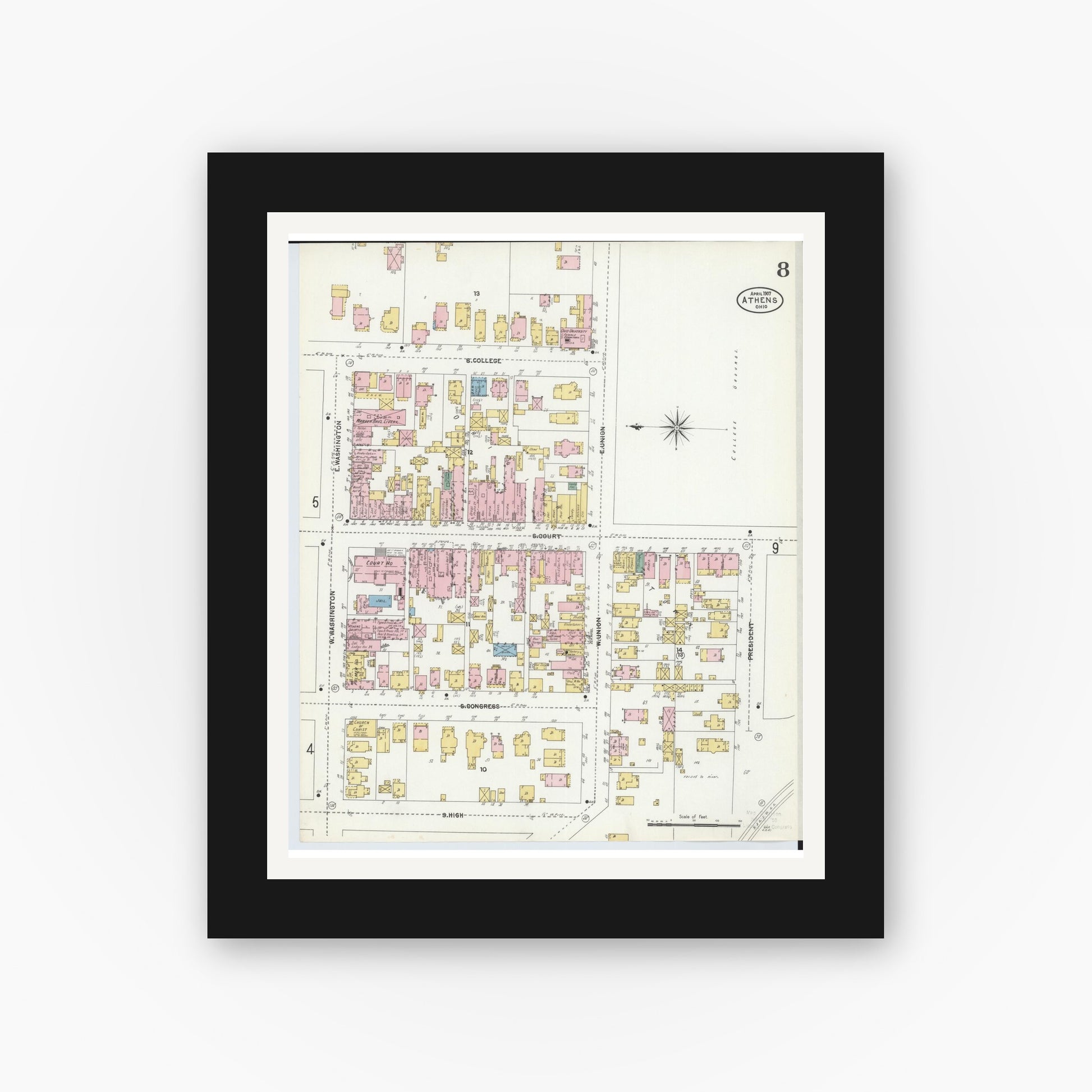 Old map wall art mockup — black gallery frame with white mat — Sanborn Fire Insurance Map from Athens, Athens County, Ohio (1907), Sheet #0008