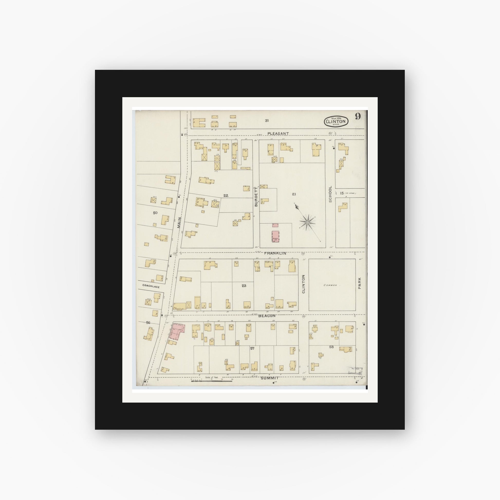 Old map wall art mockup — black gallery frame with white mat — Sanborn Fire Insurance Map from Clinton, Worcester County, Massachusetts (1894), Sheet #0009