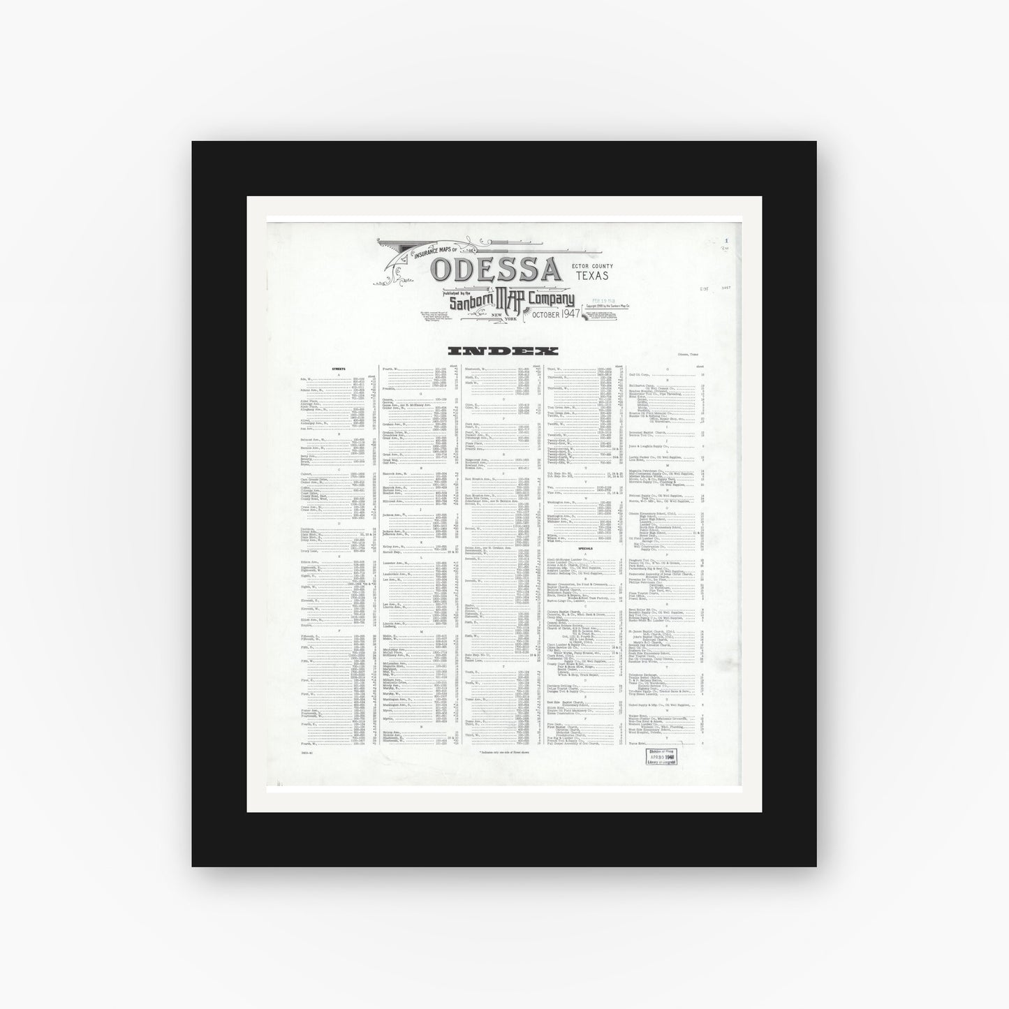 Old map wall art mockup — black gallery frame with white mat — Sanborn Fire Insurance Map from Odessa, Edger County, Texas (1947), Sheet #0001