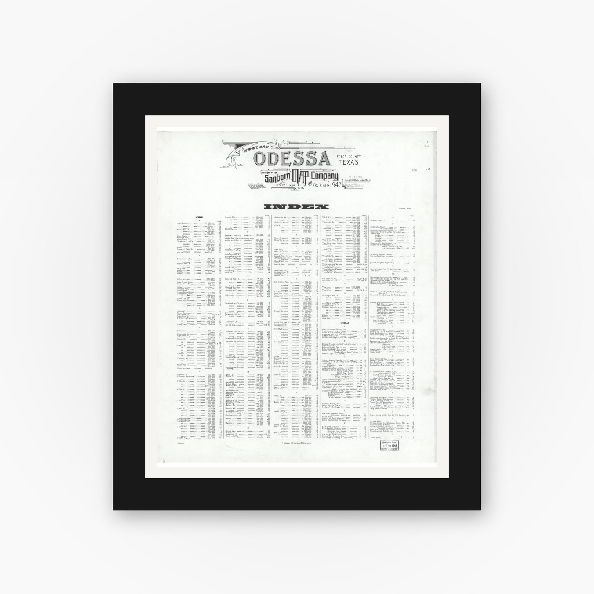 Old map wall art mockup — black gallery frame with white mat — Sanborn Fire Insurance Map from Odessa, Edger County, Texas (1947), Sheet #0001